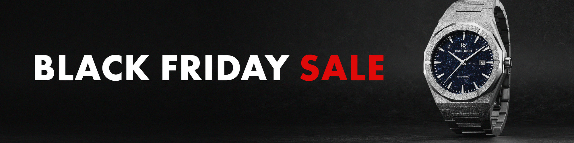 Frosted Star Dust automatic watch with a deep blue aventurine dial shown beside bold Black Friday Sale text on a dark background. Frosted Star Dust automatic watch with a deep blue aventurine dial shown beside bold Black Friday Sale text on a dark background.