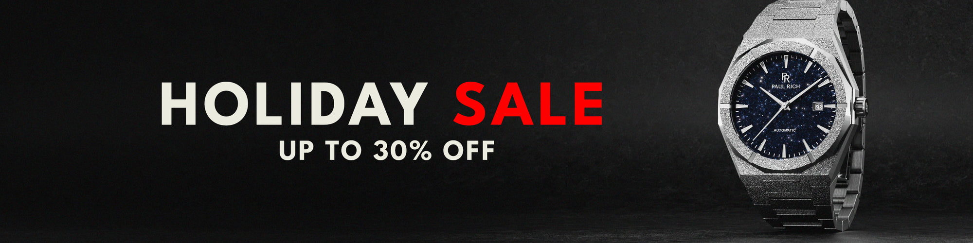 Frosted Star Dust automatic watch with a deep blue aventurine dial shown beside bold Black Friday Sale text on a dark background. Frosted Star Dust automatic watch with a deep blue aventurine dial shown beside bold Black Friday Sale text on a dark background.