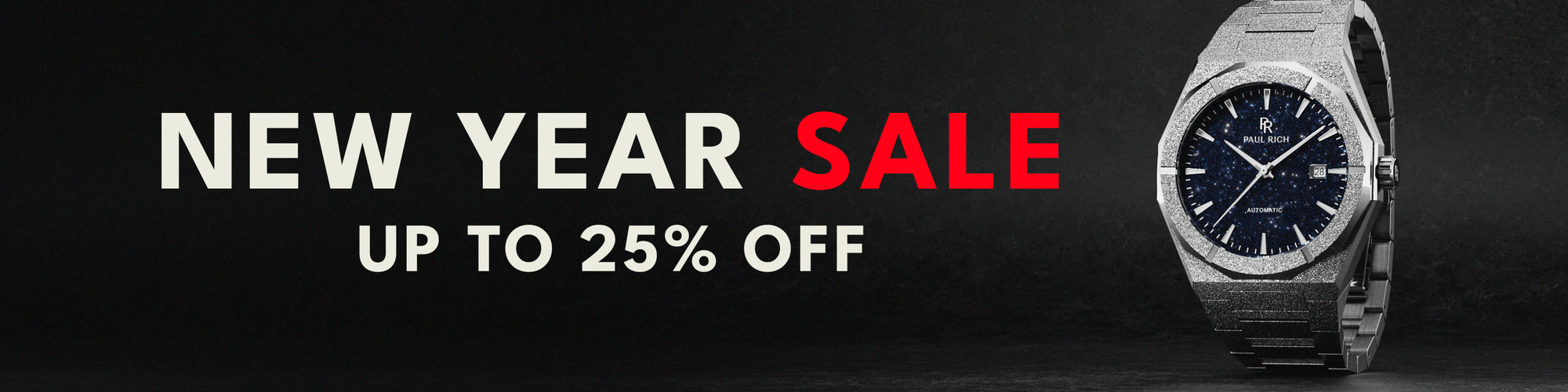 Frosted Star Dust automatic watch with a deep blue aventurine dial shown beside bold Black Friday Sale text on a dark background. Frosted Star Dust automatic watch with a deep blue aventurine dial shown beside bold Black Friday Sale text on a dark background.