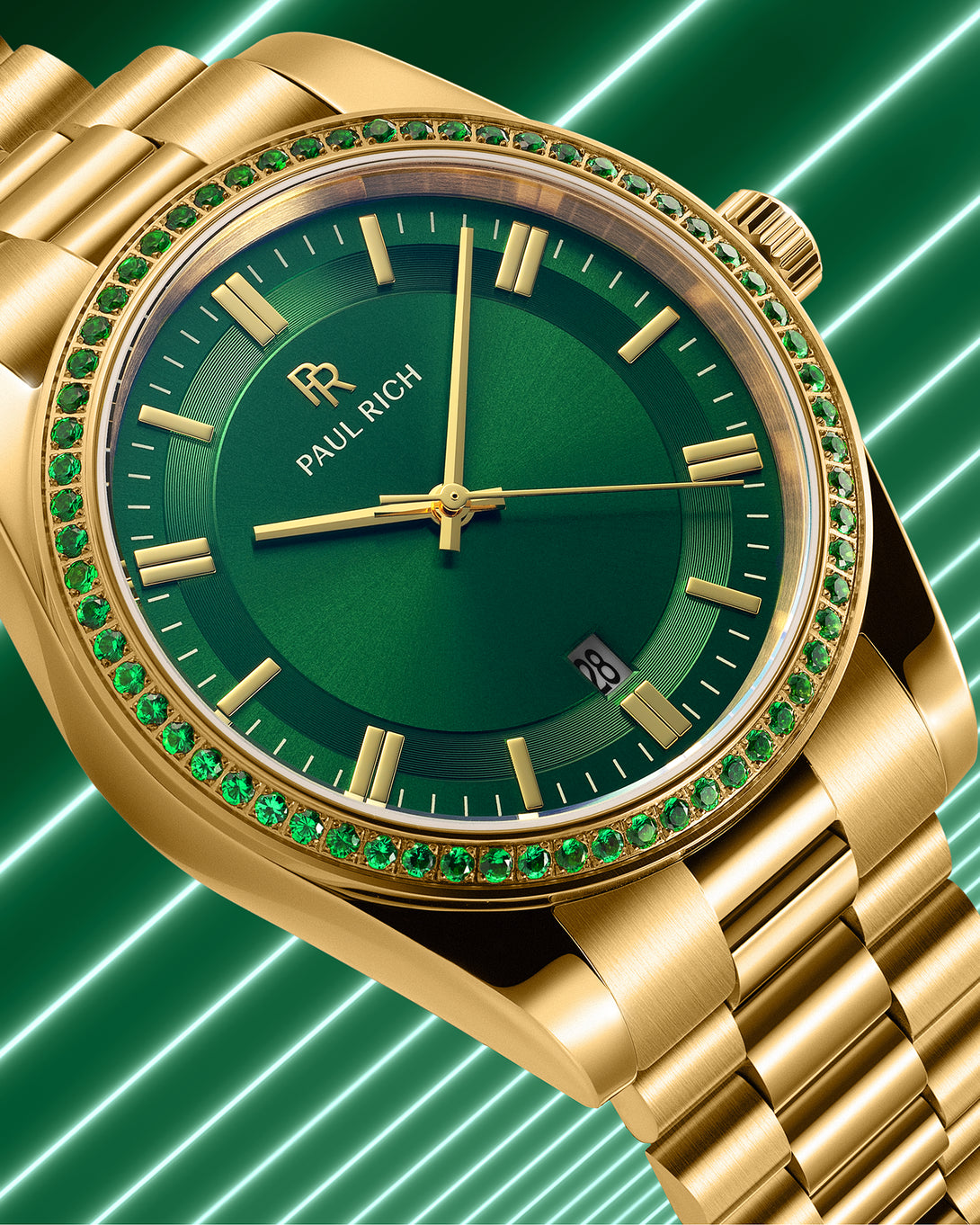 Gold watch with green sunray dial and green gemstone-set bezel on a gold bracelet, displayed against a green background with diagonal light streaks Gold watch with green sunray dial and green gemstone-set bezel on a gold bracelet, displayed against a green background with diagonal light streaks