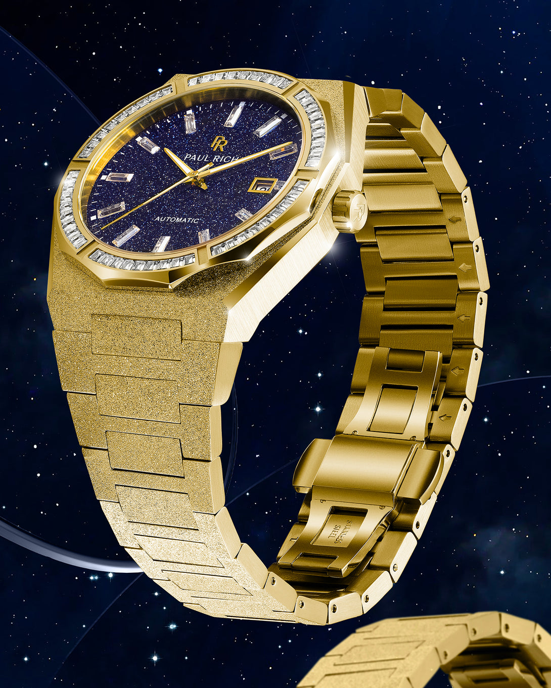 Gold frosted watch angled to show bracelet and clasp, featuring blue aventurine dial, moissanite bezel, and date window against starry background. Gold frosted watch angled to show bracelet and clasp, featuring blue aventurine dial, moissanite bezel, and date window against starry background.