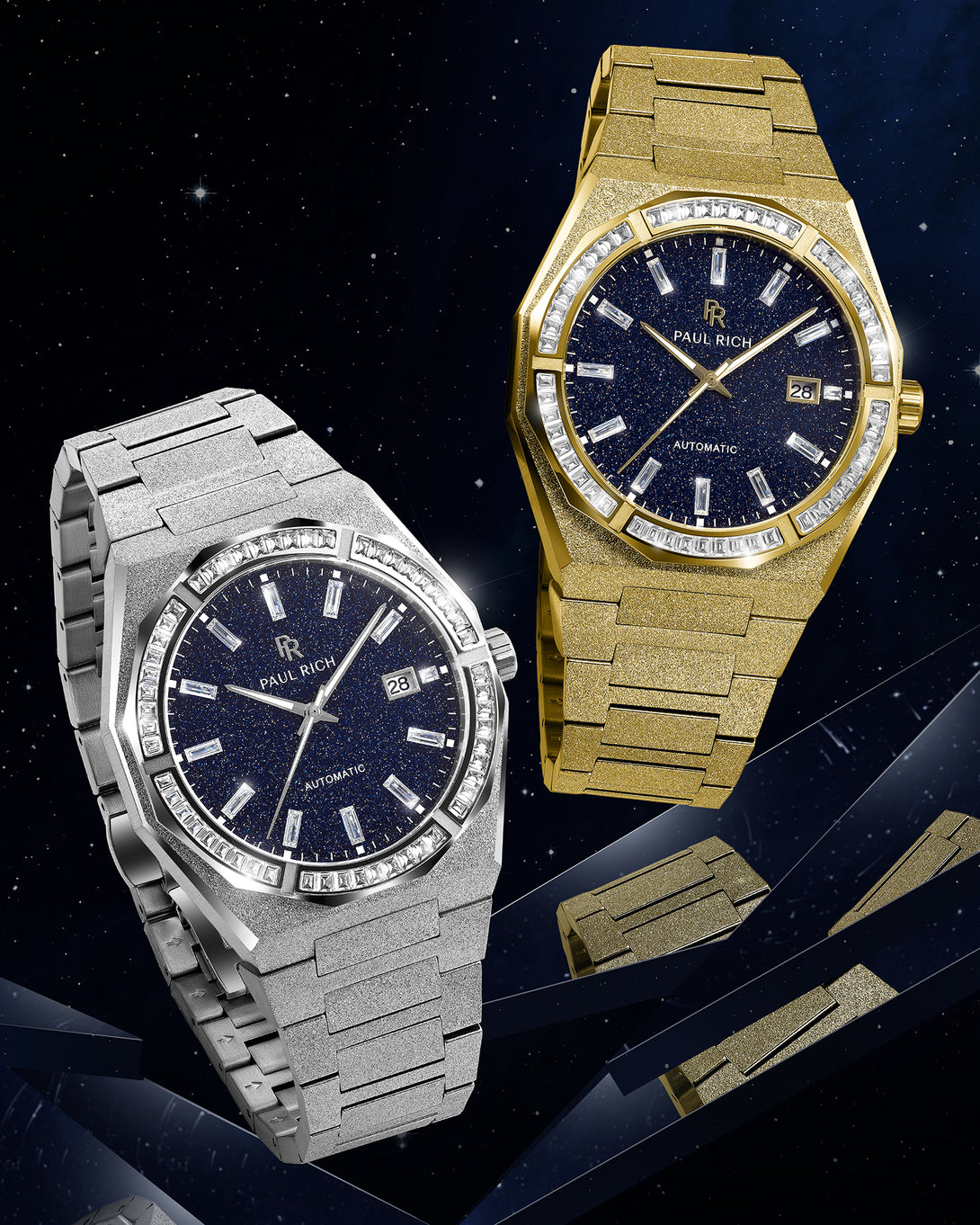 Gold and silver frosted watches with blue aventurine dials and moissanite bezels displayed together against a starry night background. Gold and silver frosted watches with blue aventurine dials and moissanite bezels displayed together against a starry night background.
