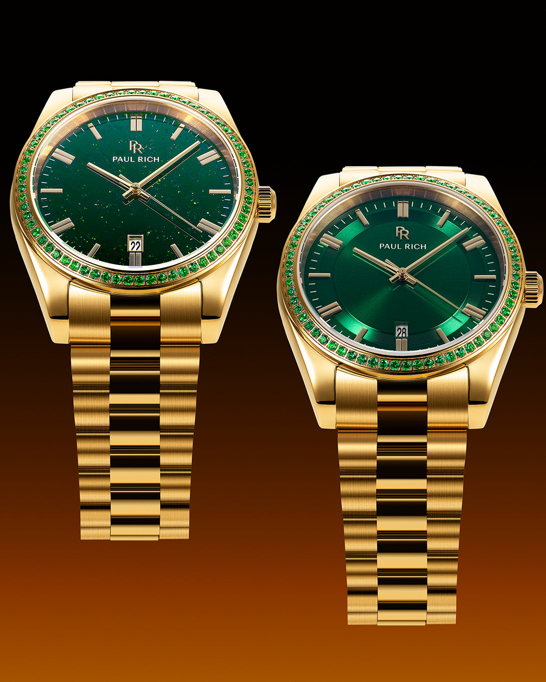 Two gold watches with green dials and green gemstone-set bezels on gold bracelets, one with an aventurine dial and one with a sunray dial, displayed on a dark gradient background. Two gold watches with green dials and green gemstone-set bezels on gold bracelets, one with an aventurine dial and one with a sunray dial, displayed on a dark gradient background.