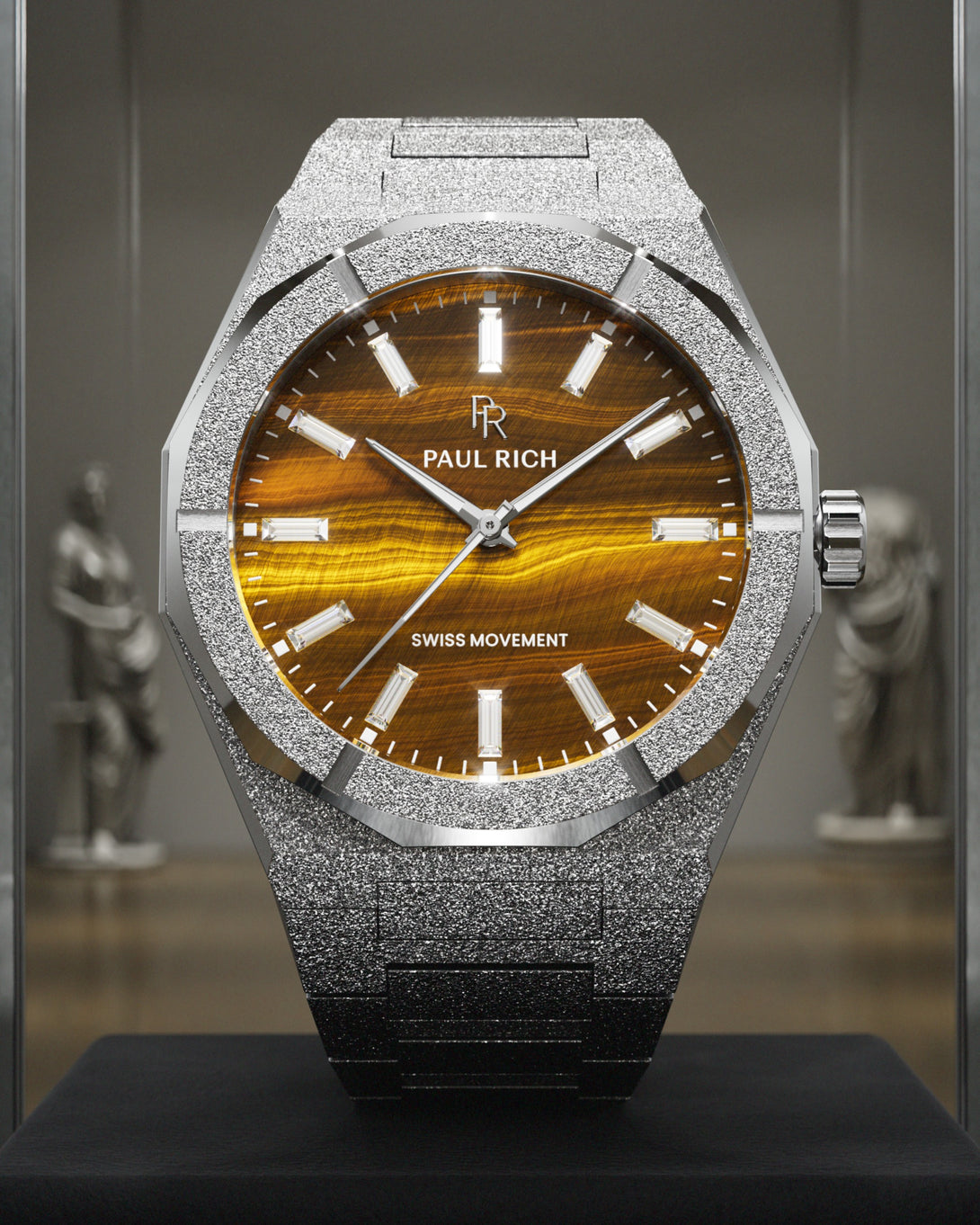 Paul Rich Frosted Star Dust II Tiger Flare - Silver — genuine tiger’s eye dial, frosted silver case, museum scene Paul Rich Frosted Star Dust II Tiger Flare - Silver — genuine tiger’s eye dial, frosted silver case, museum scene