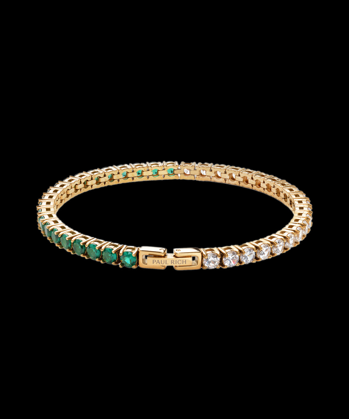 Gold tennis bracelet with gradient green to white stones and PAUL RICH logo engraved on clasp, shown on transparent background. Gold tennis bracelet with gradient green to white stones and PAUL RICH logo engraved on clasp, shown on transparent background.
