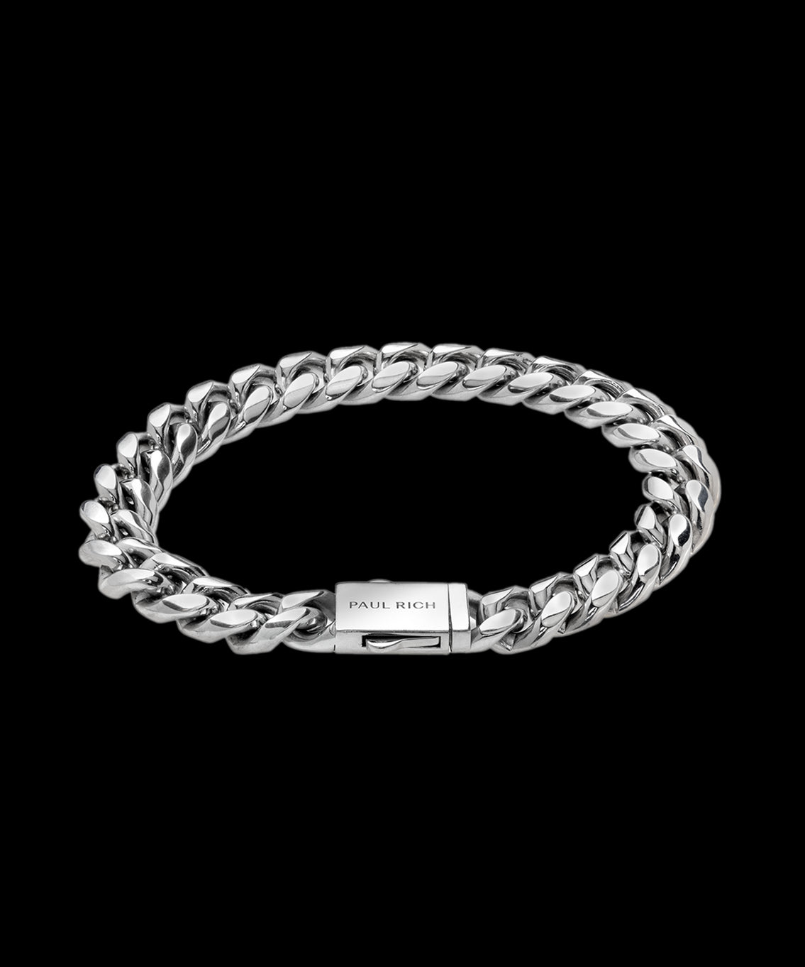Silver Cuban link bracelet with polished finish and PAUL RICH engraved on the clasp, shown on a transparent background. Silver Cuban link bracelet with polished finish and PAUL RICH engraved on the clasp, shown on a transparent background.