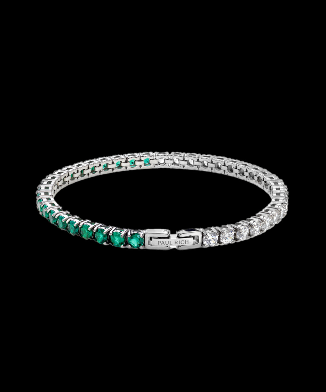 Silver tennis bracelet with gradient green to white stones and PAUL RICH engraved on clasp, shown on transparent background. Silver tennis bracelet with gradient green to white stones and PAUL RICH engraved on clasp, shown on transparent background.