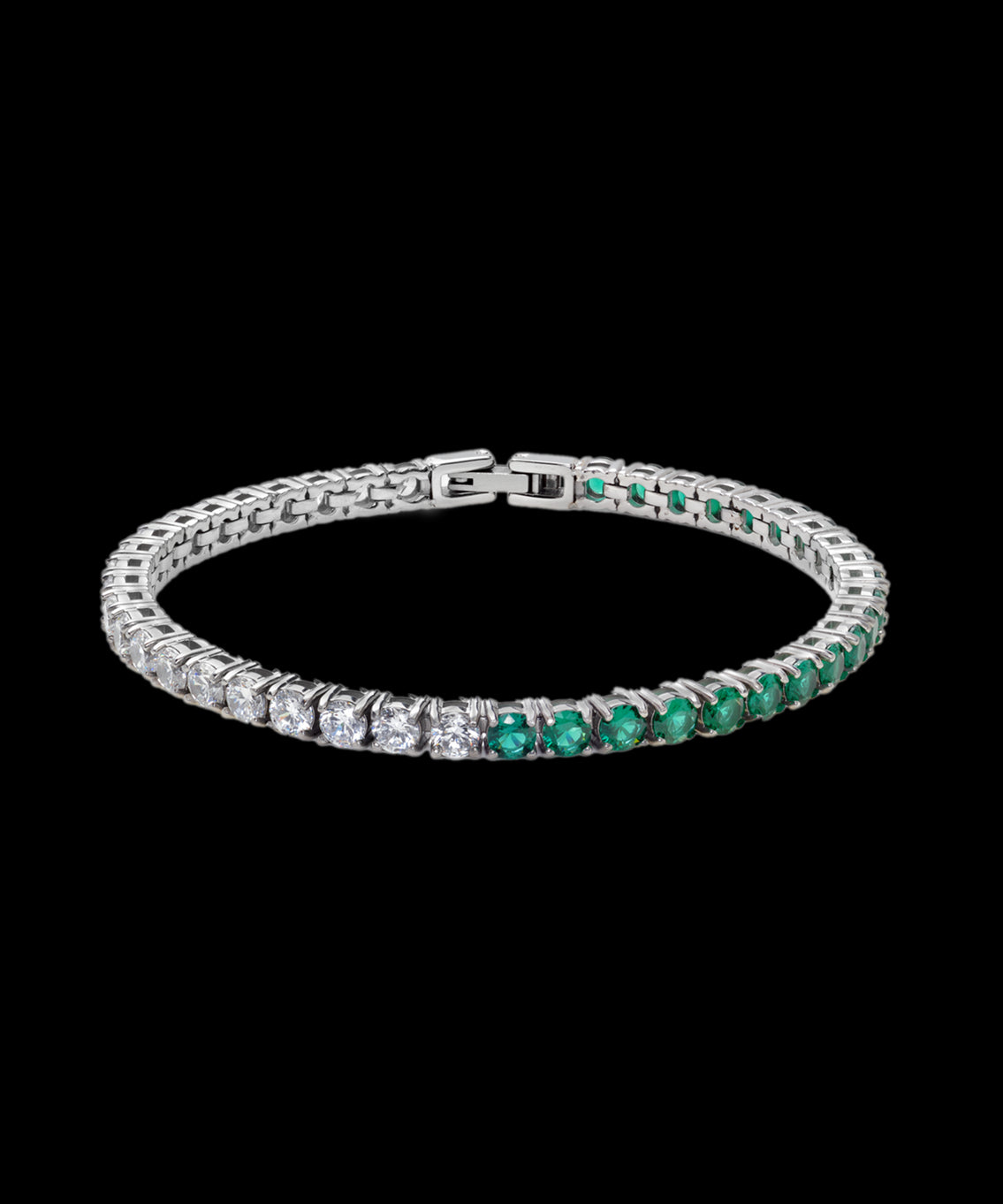 Silver tennis bracelet with a gradient of round-cut white and green stones, displayed on transparent background with open clasp. Silver tennis bracelet with a gradient of round-cut white and green stones, displayed on transparent background with open clasp.