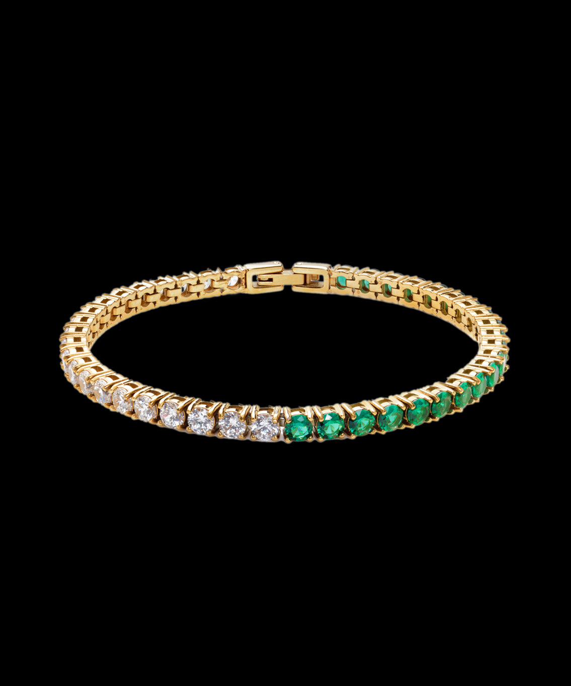 Gold tennis bracelet with a gradient of round-cut white and green stones, featuring a secure clasp, displayed on transparent background. Gold tennis bracelet with a gradient of round-cut white and green stones, featuring a secure clasp, displayed on transparent background.
