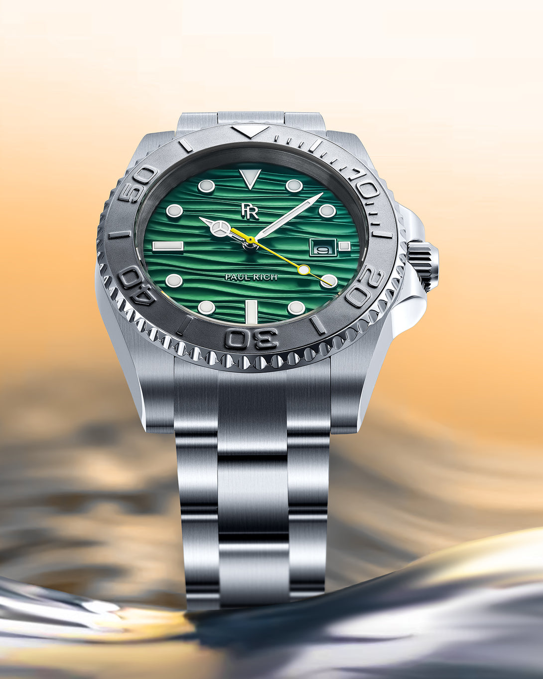 Stainless steel watch with a green wave-textured dial shown above reflective water with a warm sky background, highlighting the bezel and bracelet. Stainless steel watch with a green wave-textured dial shown above reflective water with a warm sky background, highlighting the bezel and bracelet.