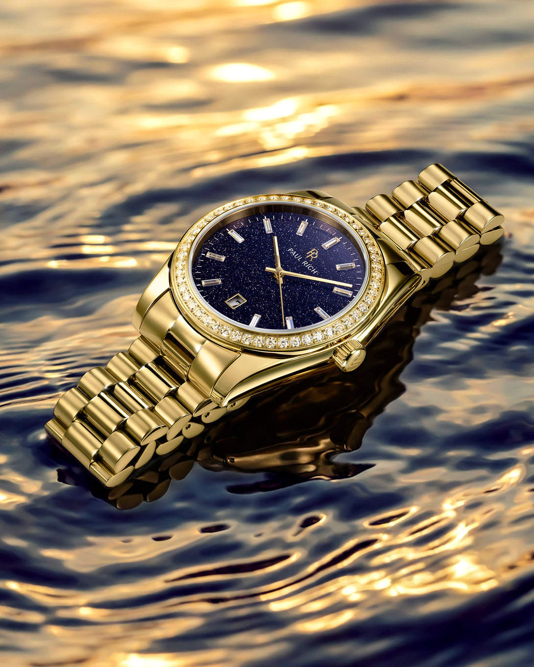 Gold watch with a blue aventurine face on water during golden hour. Gold watch with a blue aventurine face on water during golden hour.