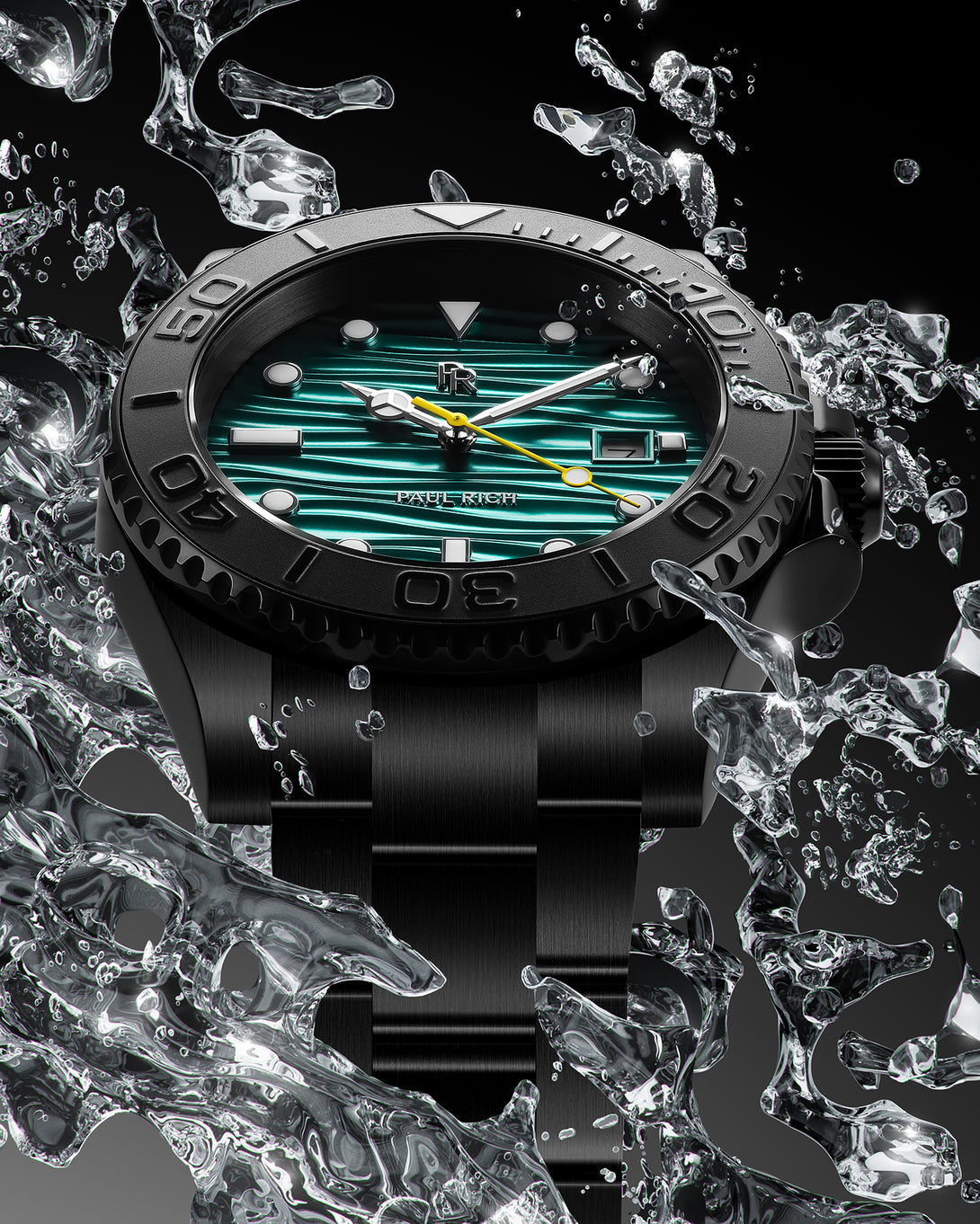 Black stainless steel watch with a teal wave-textured dial shown surrounded by splashing water on a dark background, highlighting the bezel and bracelet. Black stainless steel watch with a teal wave-textured dial shown surrounded by splashing water on a dark background, highlighting the bezel and bracelet.