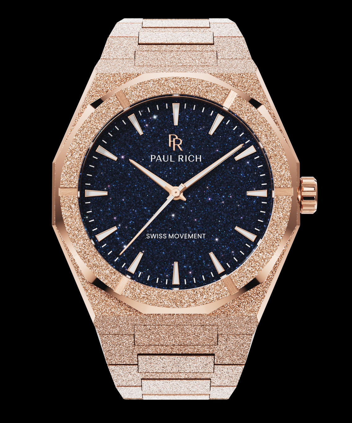Rose gold frosted Paul Rich watch with deep blue aventurine dial, rose gold markers and hands, shown on transparent background. Rose gold frosted Paul Rich watch with deep blue aventurine dial, rose gold markers and hands, shown on transparent background.