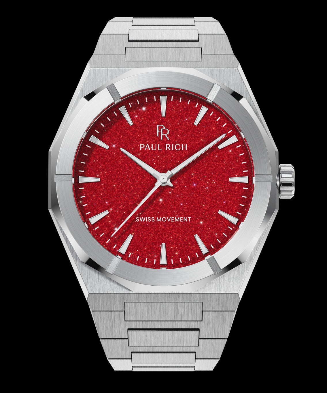 Paul Rich watch with brushed silver case and bracelet, featuring a vibrant red aventurine dial with silver hands and markers. Paul Rich watch with brushed silver case and bracelet, featuring a vibrant red aventurine dial with silver hands and markers.
