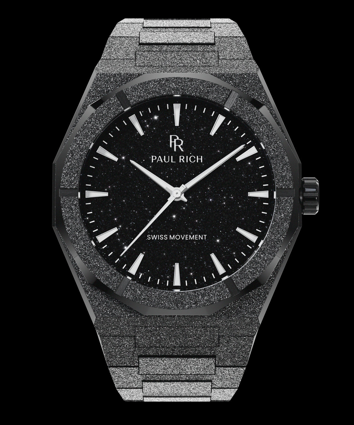 Paul Rich watch with frosted black case and bracelet, featuring a black aventurine dial and silver hands and hour markers. Paul Rich watch with frosted black case and bracelet, featuring a black aventurine dial and silver hands and hour markers.