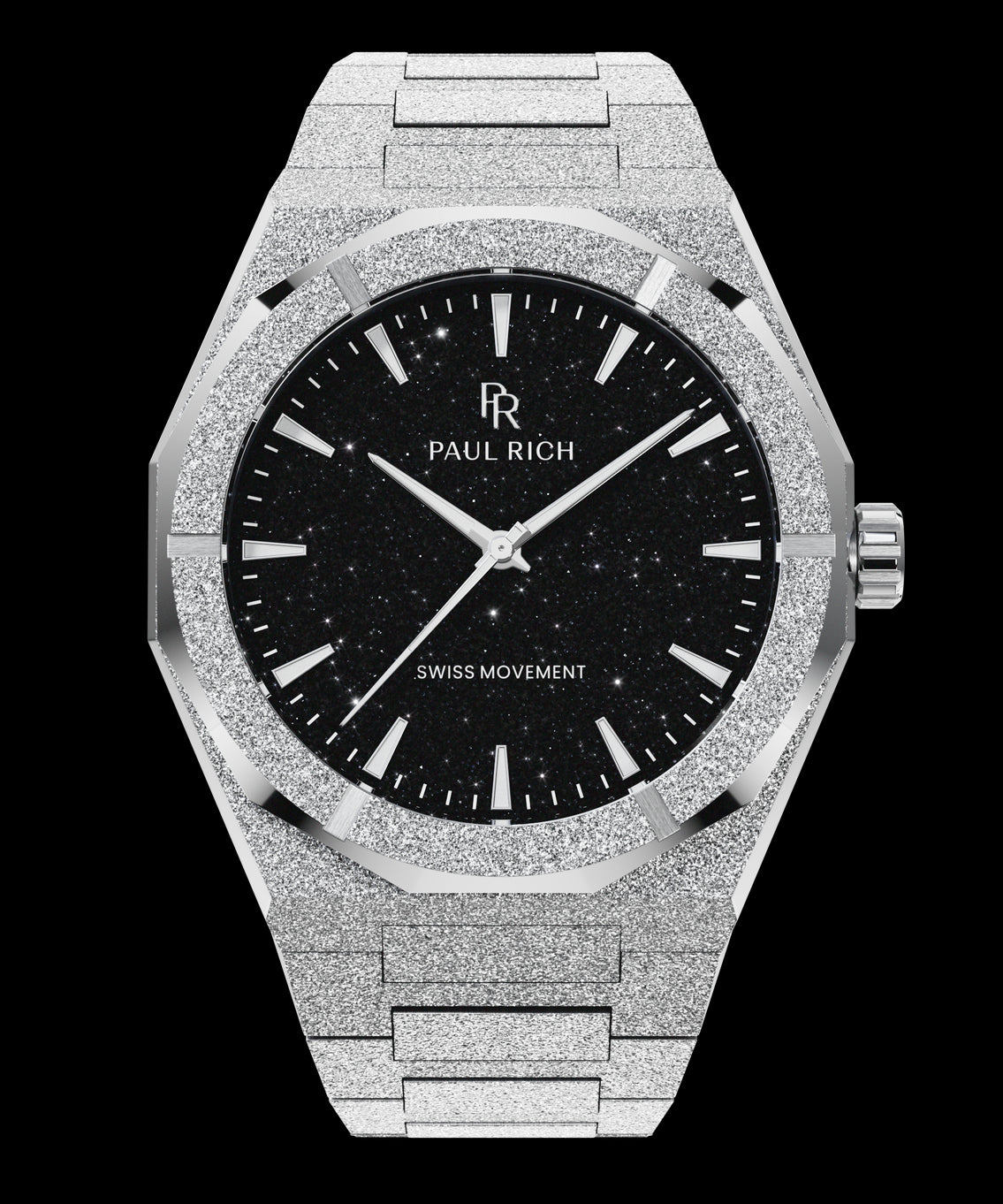 Paul Rich watch with frosted silver case and bracelet, featuring a black aventurine dial with silver hands and hour markers. Paul Rich watch with frosted silver case and bracelet, featuring a black aventurine dial with silver hands and hour markers.