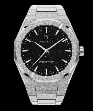 Frosted Star Dust II Void Silver Paul Rich watch with frosted silver case and bracelet, featuring a black aventurine dial with silver hands and hour markers.