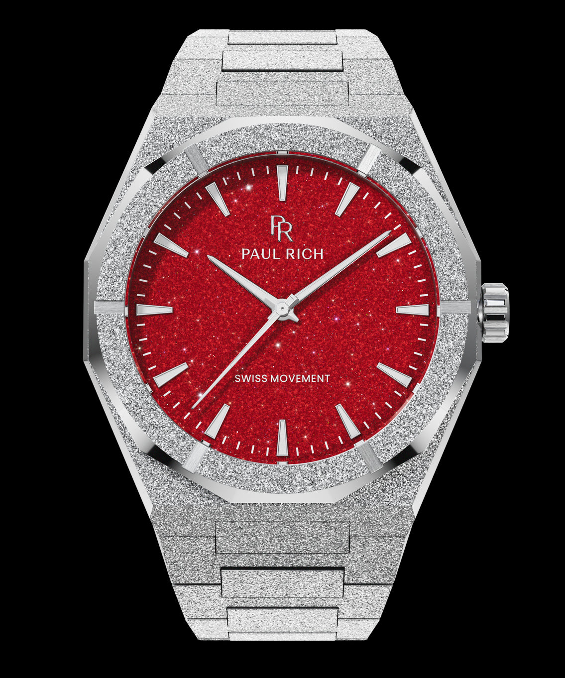 Paul Rich watch with frosted silver case and bracelet, featuring a red aventurine dial with silver hands and hour markers. Paul Rich watch with frosted silver case and bracelet, featuring a red aventurine dial with silver hands and hour markers.