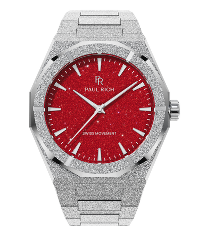 Frosted Star Dust II Silver Red Paul Rich watch with frosted silver case and bracelet, featuring a red aventurine dial with silver hands and hour markers.
