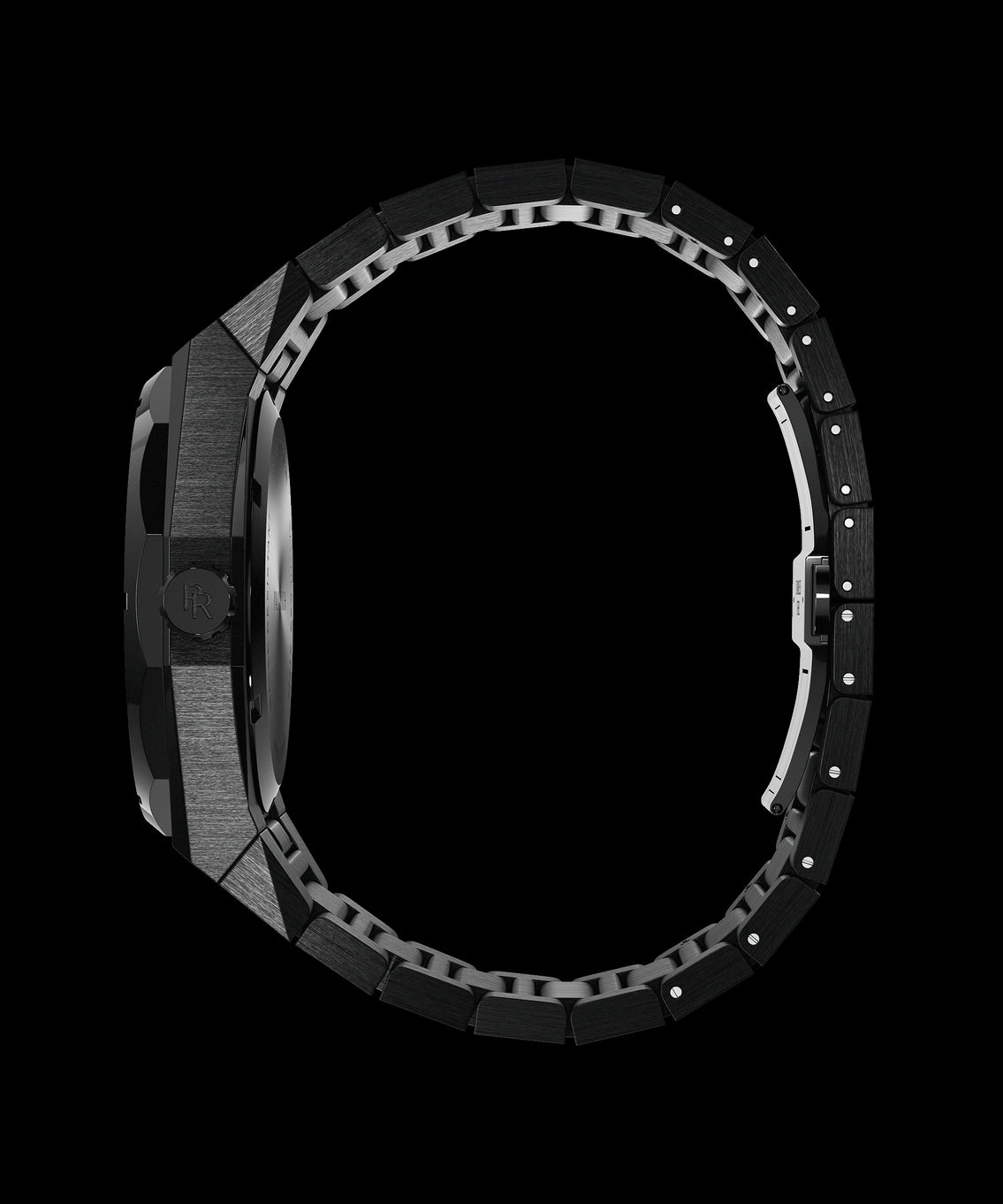 Side view of a Paul Rich watch with brushed black case, engraved crown, and fully closed black link bracelet with polished inner structure. Side view of a Paul Rich watch with brushed black case, engraved crown, and fully closed black link bracelet with polished inner structure.