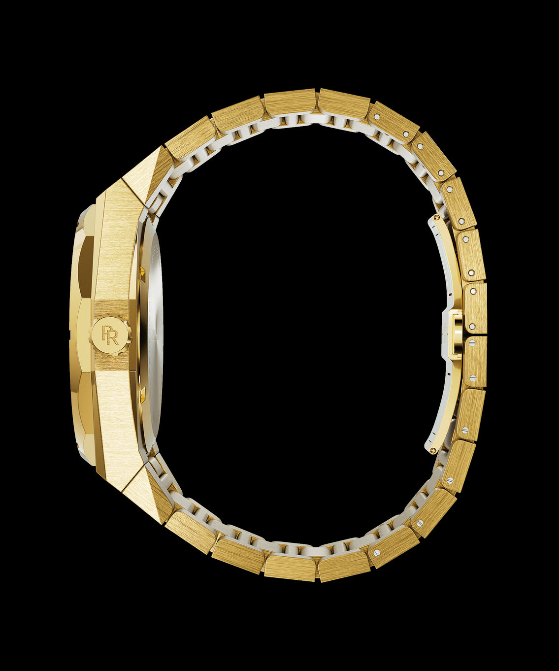 Side view of a Paul Rich gold watch with brushed case, engraved crown, and fully closed gold link bracelet. Side view of a Paul Rich gold watch with brushed case, engraved crown, and fully closed gold link bracelet.