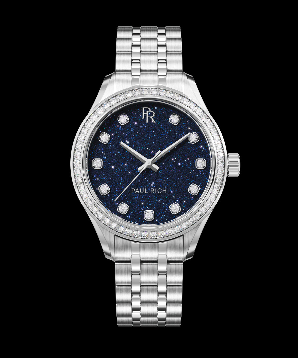 Front view of a silver-tone Paul Rich watch with a deep blue aventurine dial, diamond hour markers, gem-set bezel, and silver jubilee bracelet. Front view of a silver-tone Paul Rich watch with a deep blue aventurine dial, diamond hour markers, gem-set bezel, and silver jubilee bracelet.