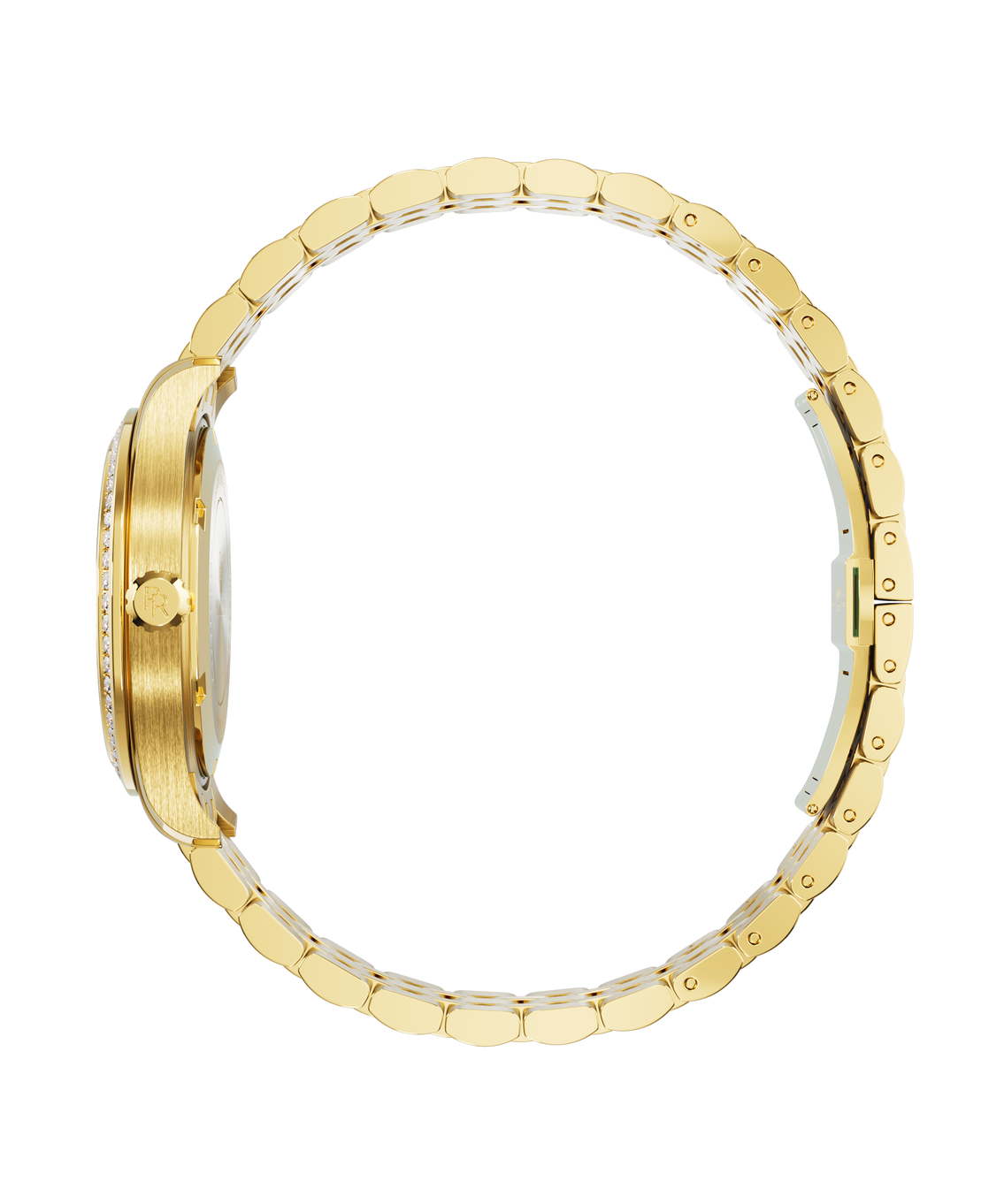 Side view of a gold-tone Paul Rich watch with a gem-set bezel, “PR” logo on the crown, and a fully closed rounded link bracelet. Side view of a gold-tone Paul Rich watch with a gem-set bezel, “PR” logo on the crown, and a fully closed rounded link bracelet.