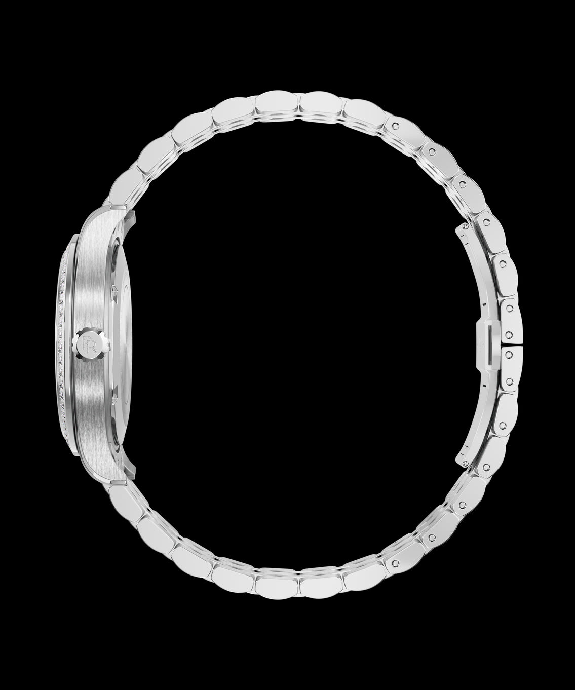 Side view of a silver-tone Paul Rich watch with a brushed case, gem-set bezel, engraved crown, and fully closed rounded link bracelet. Side view of a silver-tone Paul Rich watch with a brushed case, gem-set bezel, engraved crown, and fully closed rounded link bracelet.