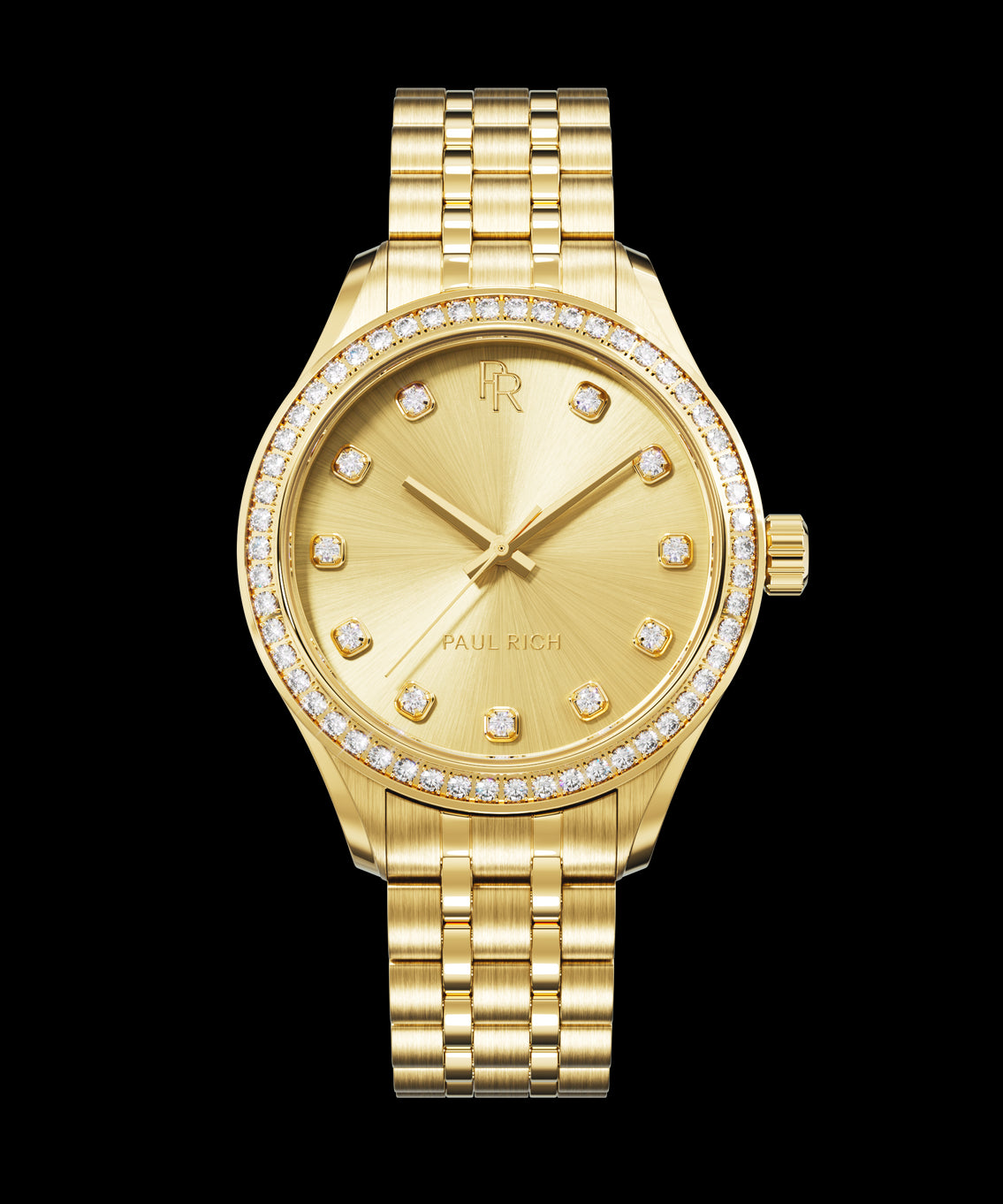 Front view of a gold-tone Paul Rich watch with a matching sunray dial, diamond hour markers, gem-set bezel, and gold jubilee bracelet. Front view of a gold-tone Paul Rich watch with a matching sunray dial, diamond hour markers, gem-set bezel, and gold jubilee bracelet.
