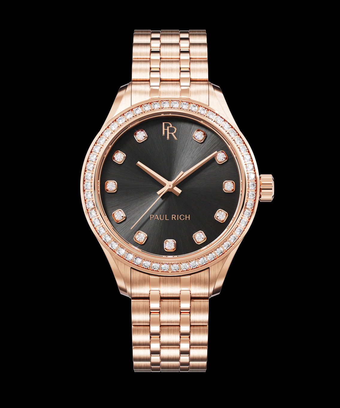 Front view of a rose gold Paul Rich watch with a black sunray dial, diamond hour markers, gem-set bezel, and rose gold jubilee bracelet. Front view of a rose gold Paul Rich watch with a black sunray dial, diamond hour markers, gem-set bezel, and rose gold jubilee bracelet.