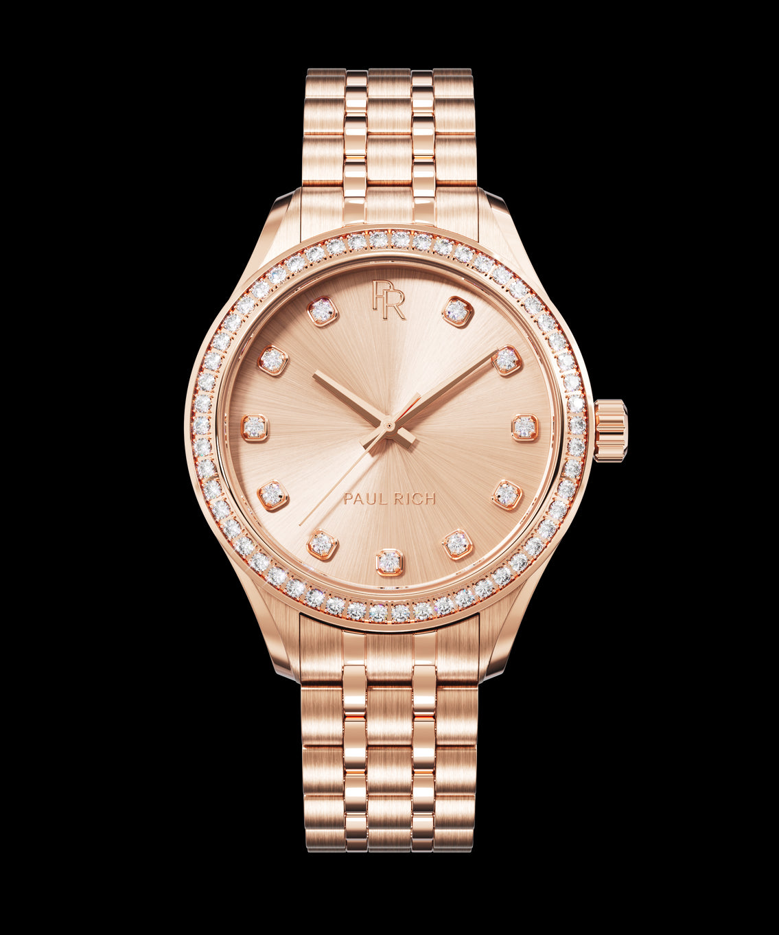 Front view of a rose gold Paul Rich watch with a matching rose gold sunray dial, diamond hour markers, gem-set bezel, and rose gold jubilee bracelet. Front view of a rose gold Paul Rich watch with a matching rose gold sunray dial, diamond hour markers, gem-set bezel, and rose gold jubilee bracelet.