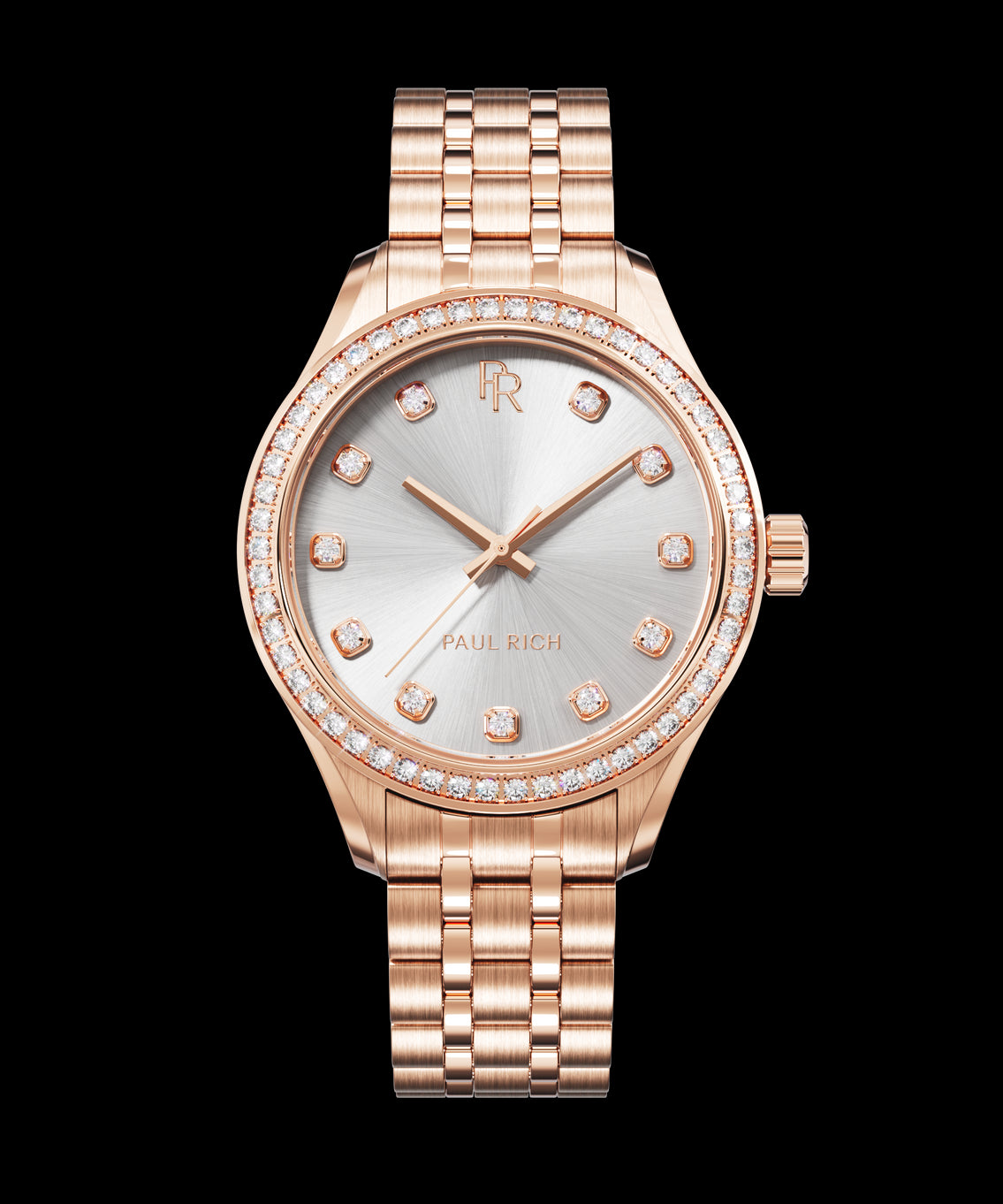 Front view of a rose gold wristwatch with a silver sunray dial, diamond-set hour markers, gem-set bezel, and a rose gold jubilee bracelet. Front view of a rose gold wristwatch with a silver sunray dial, diamond-set hour markers, gem-set bezel, and a rose gold jubilee bracelet.