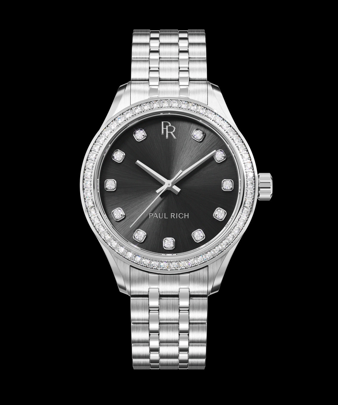 Front view of a silver-tone Paul Rich watch with a black sunray dial, diamond hour markers, gem-set bezel, and silver jubilee bracelet. Front view of a silver-tone Paul Rich watch with a black sunray dial, diamond hour markers, gem-set bezel, and silver jubilee bracelet.