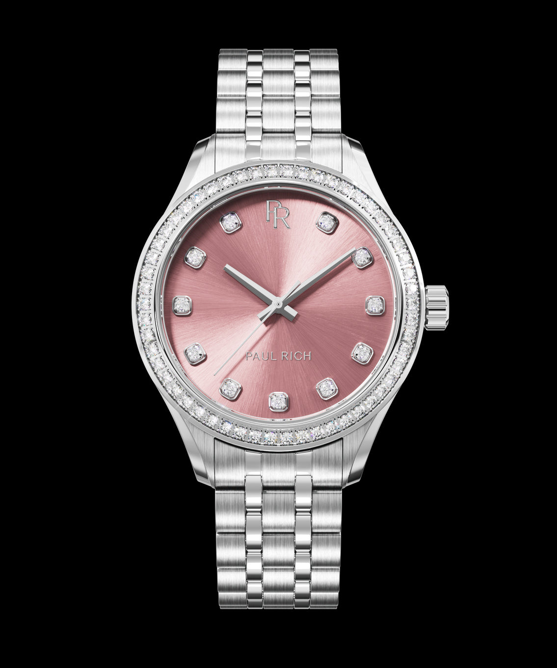 Front view of a silver-tone Paul Rich watch with a pink sunray dial, diamond hour markers, gem-set bezel, and silver jubilee bracelet. Front view of a silver-tone Paul Rich watch with a pink sunray dial, diamond hour markers, gem-set bezel, and silver jubilee bracelet.