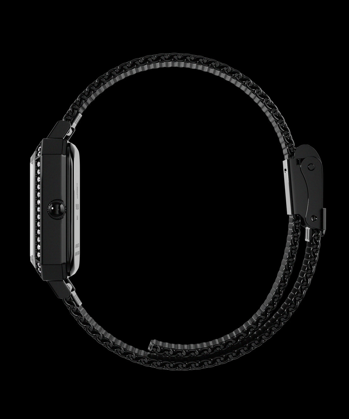 Side view of a black Paul Rich watch with gem-set octagonal case and black mesh strap, fully closed in a circular position. Side view of a black Paul Rich watch with gem-set octagonal case and black mesh strap, fully closed in a circular position.