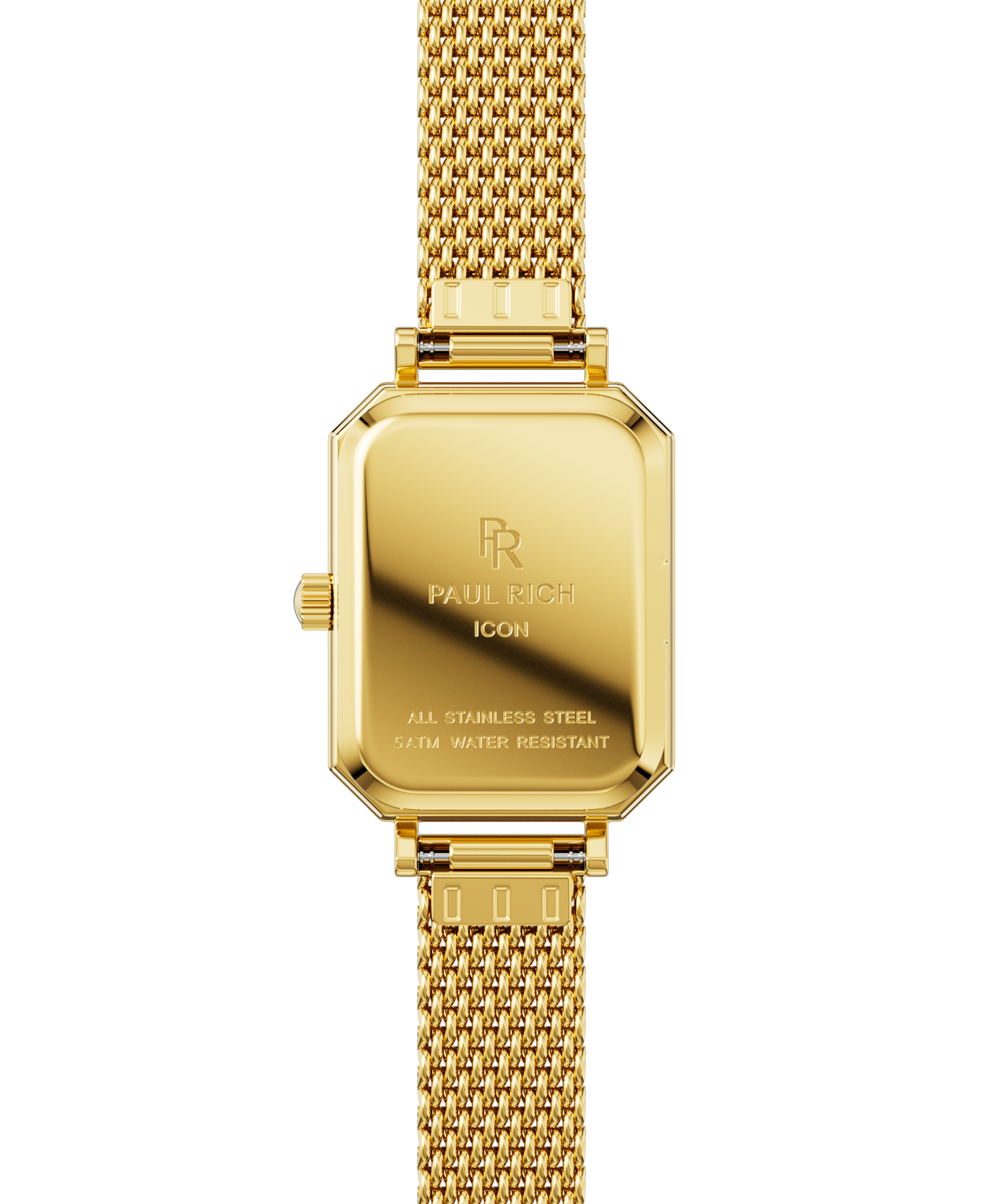 Back view of a gold-tone Paul Rich watch with rectangular case engraved with βPaul Rich ICON,β βAll Stainless Steel,β and β5ATM Water Resistant,β shown with a gold mesh strap. Back view of a gold-tone Paul Rich watch with rectangular case engraved with βPaul Rich ICON,β βAll Stainless Steel,β and β5ATM Water Resistant,β shown with a gold mesh strap.
