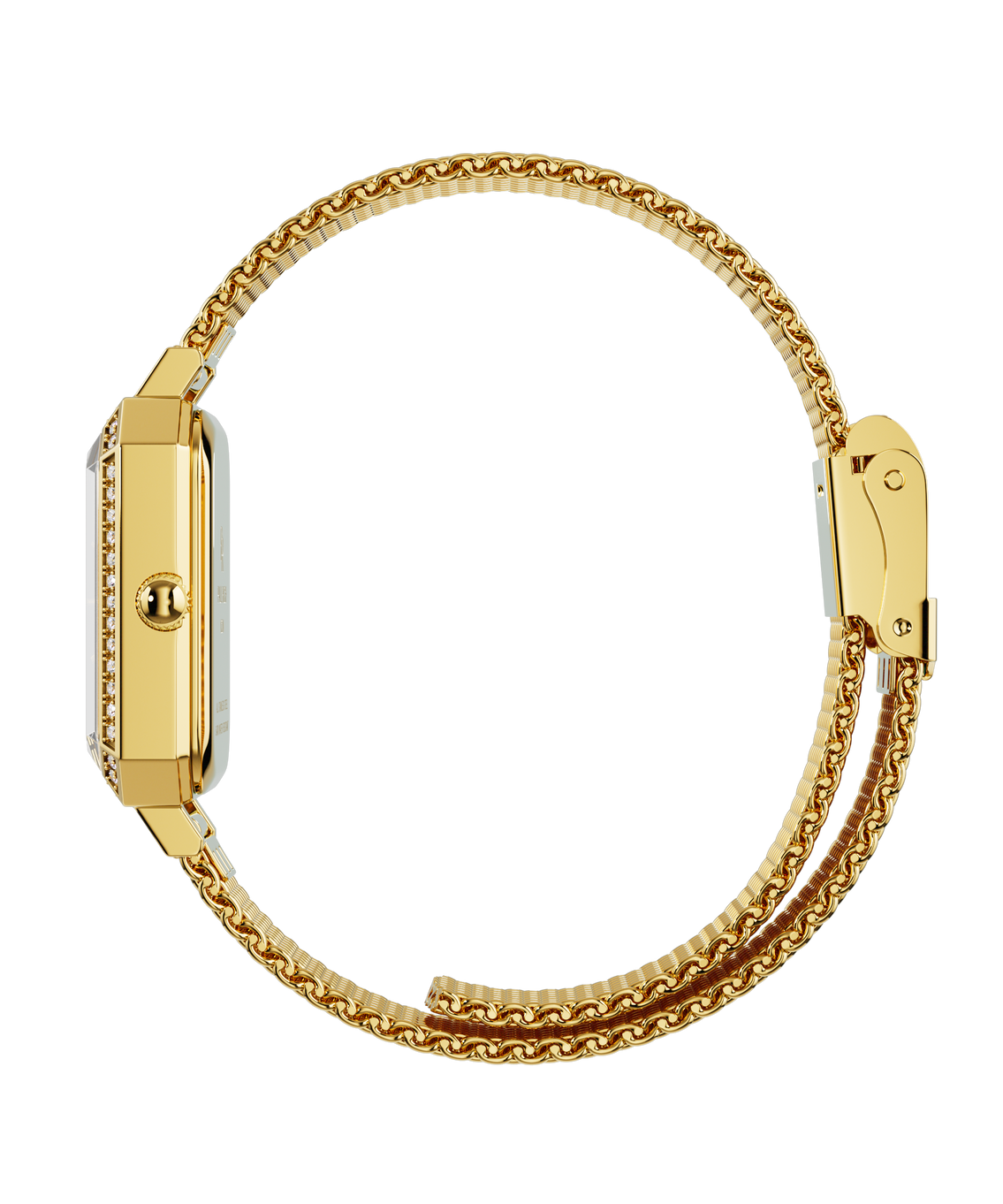 Side view of a gold-tone Paul Rich watch with a slim gem-set octagonal case and a closed gold mesh strap, shown in a circular position. Side view of a gold-tone Paul Rich watch with a slim gem-set octagonal case and a closed gold mesh strap, shown in a circular position.