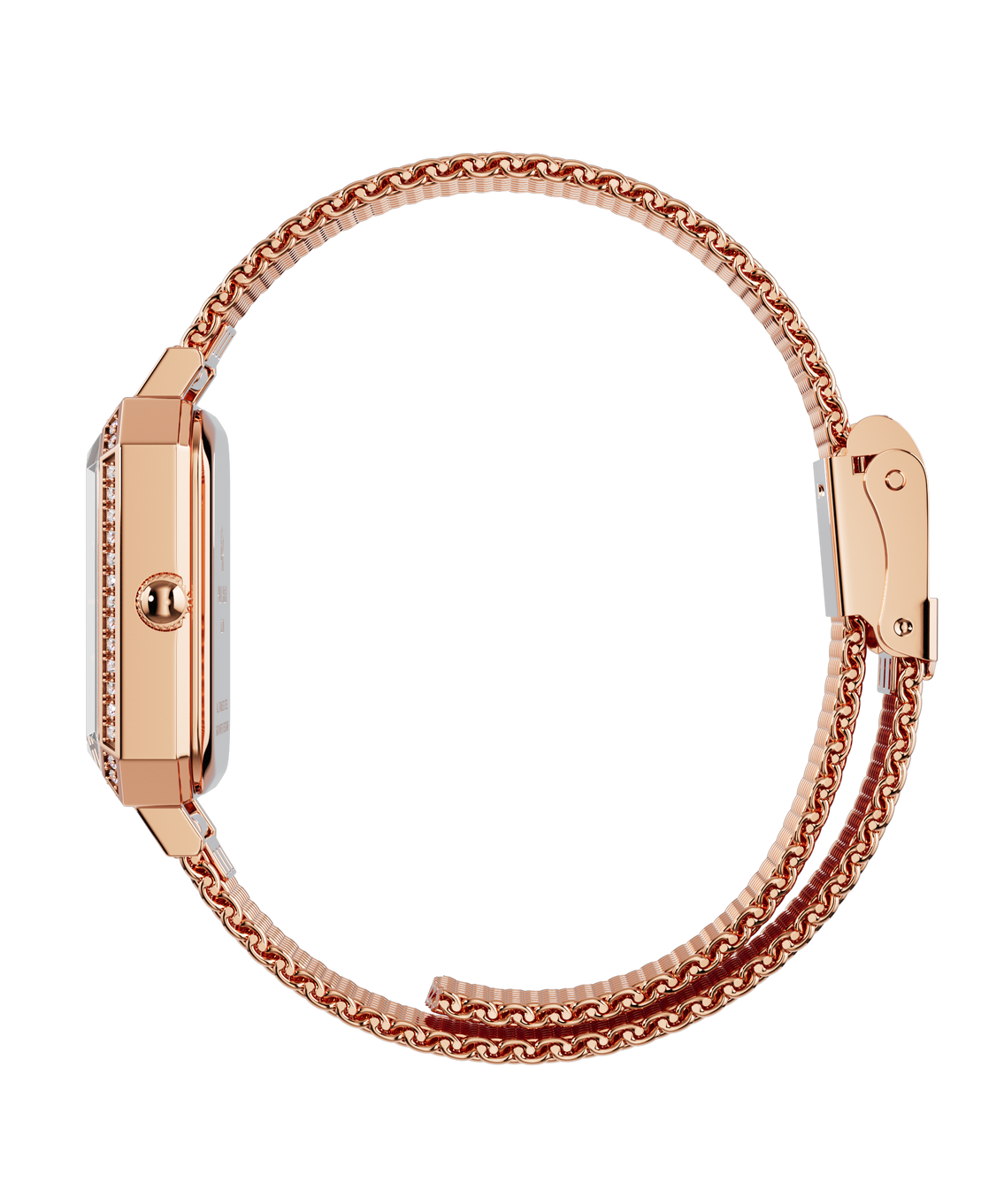 Side view of a rose gold Paul Rich watch with a slim gem-set octagonal case and fine mesh strap, shown fully closed in a circular position. Side view of a rose gold Paul Rich watch with a slim gem-set octagonal case and fine mesh strap, shown fully closed in a circular position.