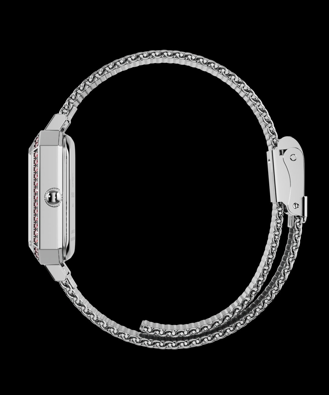 Side view of a silver-tone Paul Rich watch with a gem-set octagonal case and fully closed silver mesh strap, shown in a circular position. Side view of a silver-tone Paul Rich watch with a gem-set octagonal case and fully closed silver mesh strap, shown in a circular position.