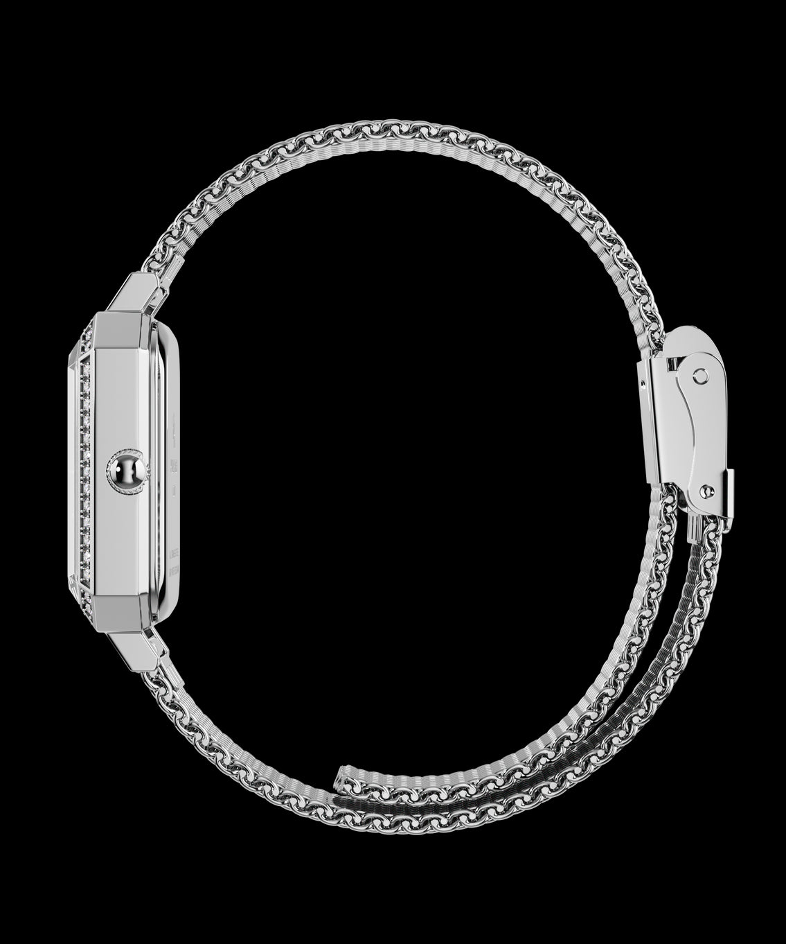 Side view of a silver-tone Paul Rich watch with a gem-set octagonal case and fully closed silver mesh strap, shown in a circular position. Side view of a silver-tone Paul Rich watch with a gem-set octagonal case and fully closed silver mesh strap, shown in a circular position.