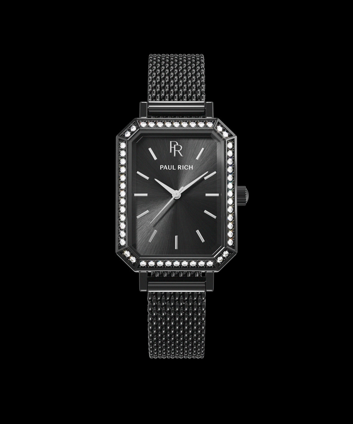 Front view of a black Paul Rich watch with black sunray dial, gem-set octagonal bezel, and matching black mesh strap. Front view of a black Paul Rich watch with black sunray dial, gem-set octagonal bezel, and matching black mesh strap.