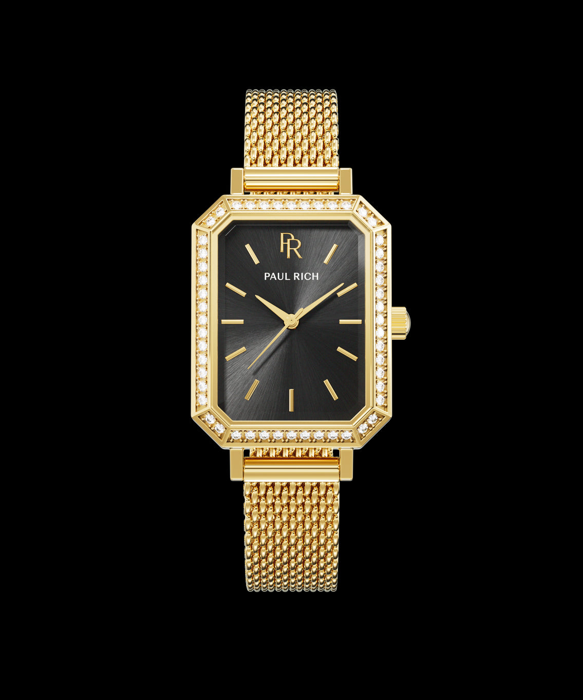 Front view of a gold-tone Paul Rich watch with black sunray dial, gem-set octagonal bezel, and gold mesh strap. Front view of a gold-tone Paul Rich watch with black sunray dial, gem-set octagonal bezel, and gold mesh strap.