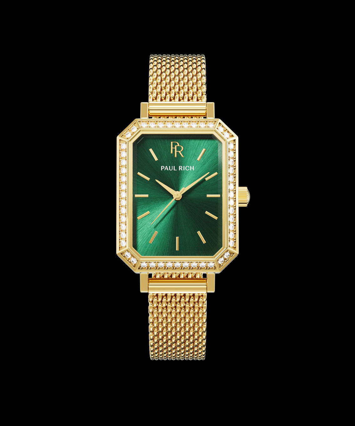 Front view of a gold-tone Paul Rich watch with emerald green sunray dial, gem-set octagonal bezel, and gold mesh strap. Front view of a gold-tone Paul Rich watch with emerald green sunray dial, gem-set octagonal bezel, and gold mesh strap.