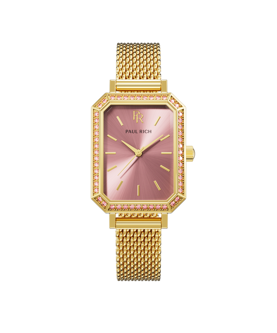 Gold-tone rectangular Paul Rich womenβs watch with a pink sunray dial, crystal-set bezel, and gold mesh bracelet on a black background. Gold-tone rectangular Paul Rich womenβs watch with a pink sunray dial, crystal-set bezel, and gold mesh bracelet on a black background.