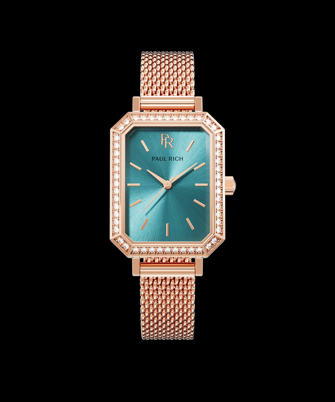 Front view of a rose gold Paul Rich watch with an emerald green sunray dial, gem-set octagonal bezel, and rose gold mesh strap. Front view of a rose gold Paul Rich watch with an emerald green sunray dial, gem-set octagonal bezel, and rose gold mesh strap.