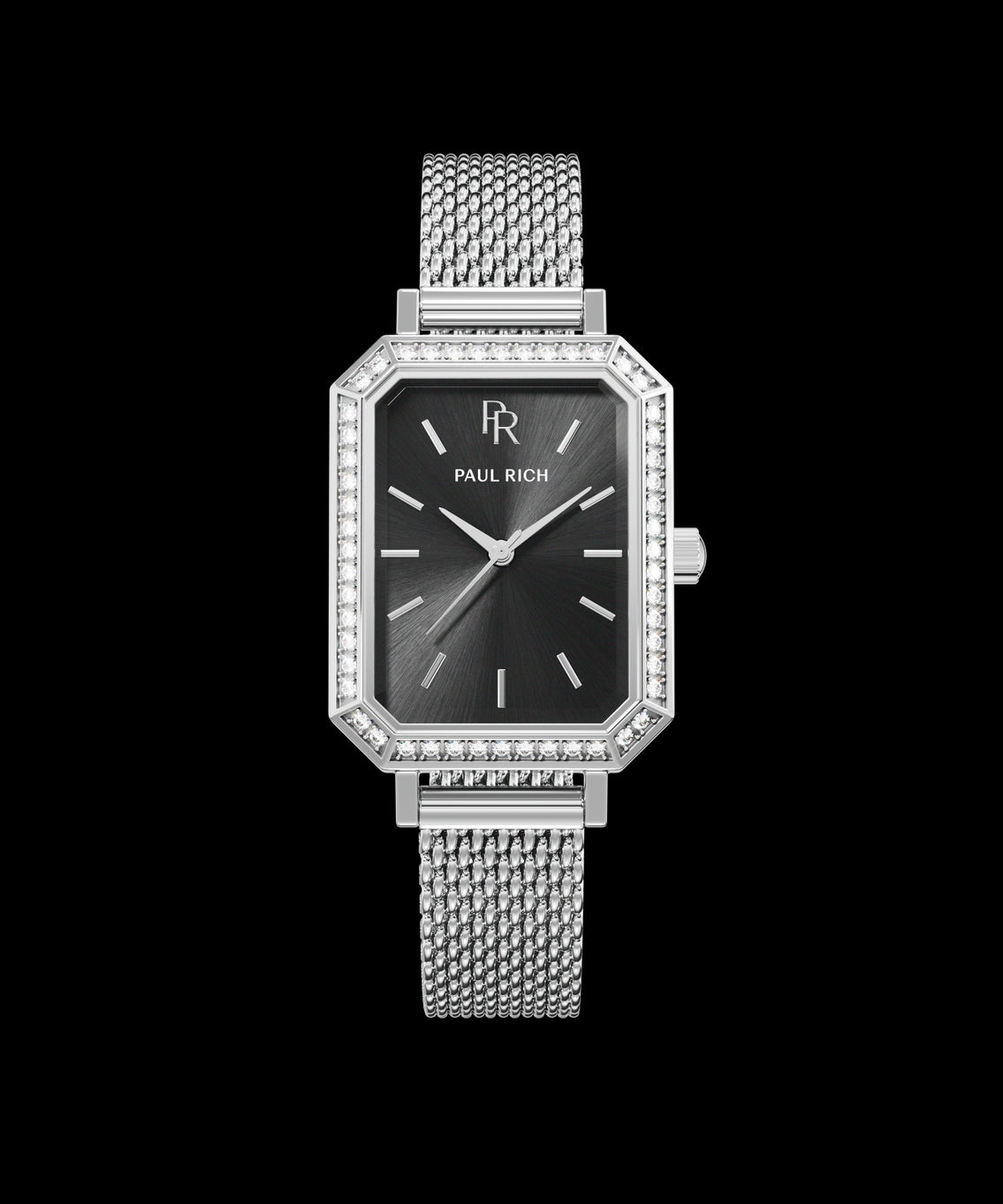 Front view of a silver-tone Paul Rich watch with black sunray dial, gem-set octagonal bezel, and silver mesh strap. Front view of a silver-tone Paul Rich watch with black sunray dial, gem-set octagonal bezel, and silver mesh strap.