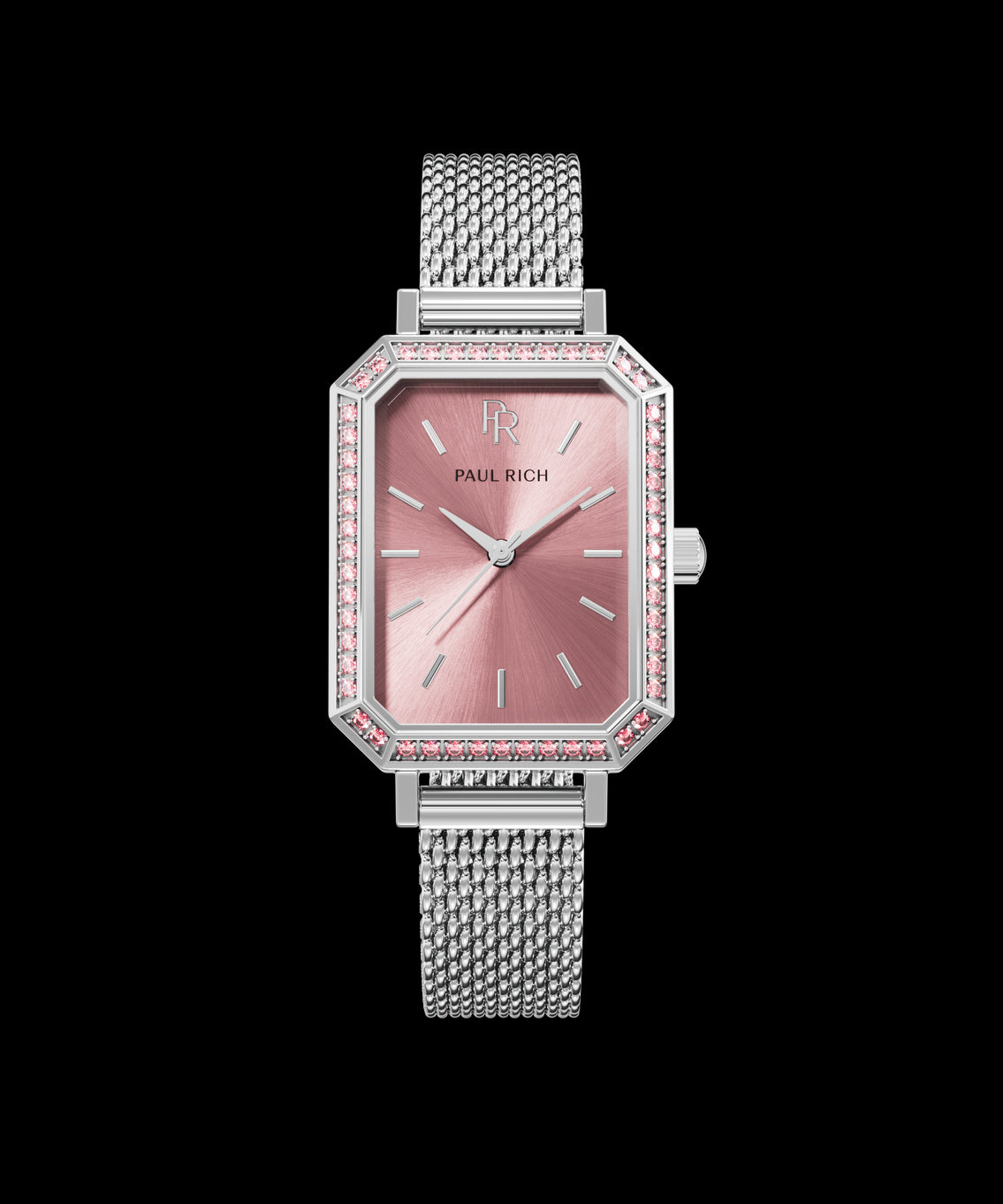 Front view of a silver-tone Paul Rich watch with pink sunray dial, gem-set octagonal bezel featuring pink stones, and a silver mesh strap. Front view of a silver-tone Paul Rich watch with pink sunray dial, gem-set octagonal bezel featuring pink stones, and a silver mesh strap.