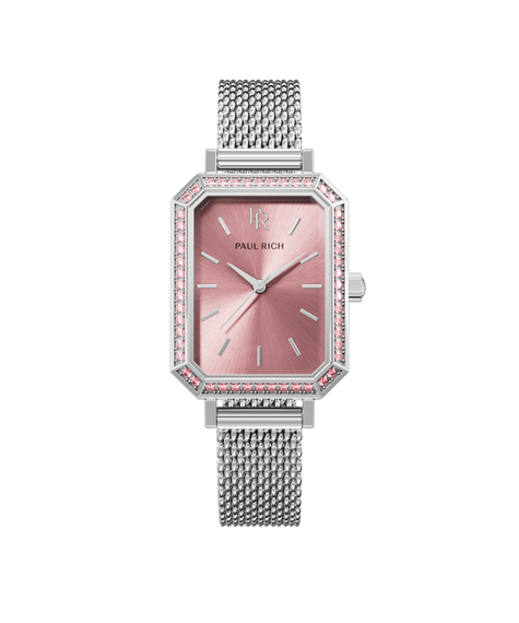 Icon - Silver Pink Front view of a silver-tone Paul Rich watch with pink sunray dial, gem-set octagonal bezel featuring pink stones, and a silver mesh strap.