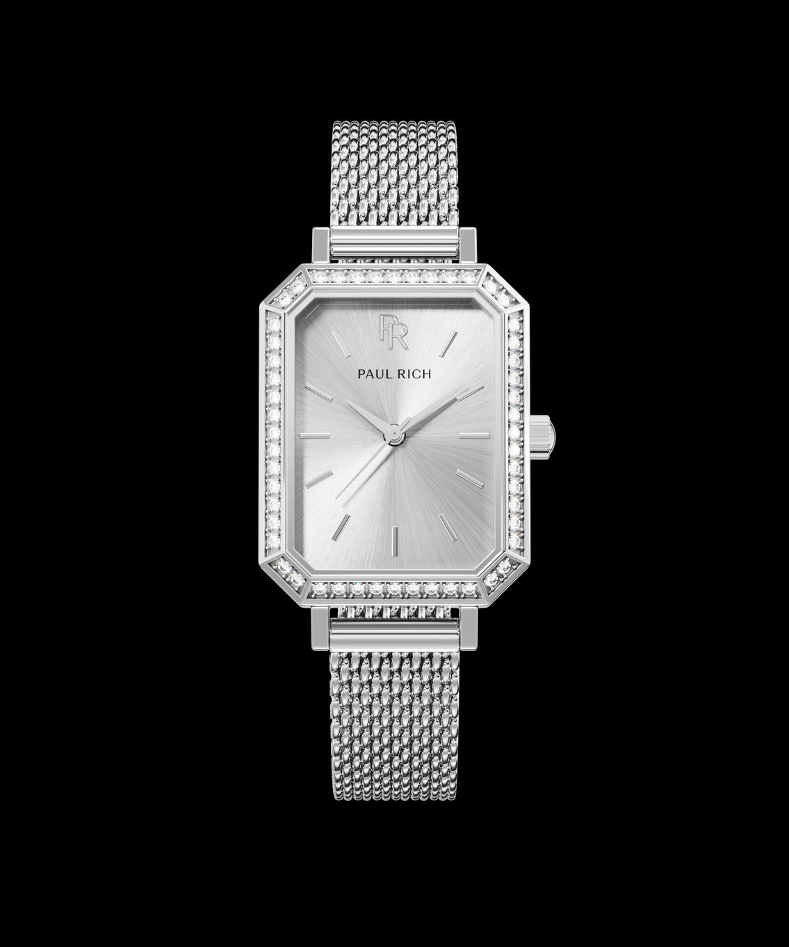 Front view of a silver-tone Paul Rich watch with silver sunray dial, gem-set octagonal bezel, and silver mesh strap. Front view of a silver-tone Paul Rich watch with silver sunray dial, gem-set octagonal bezel, and silver mesh strap.