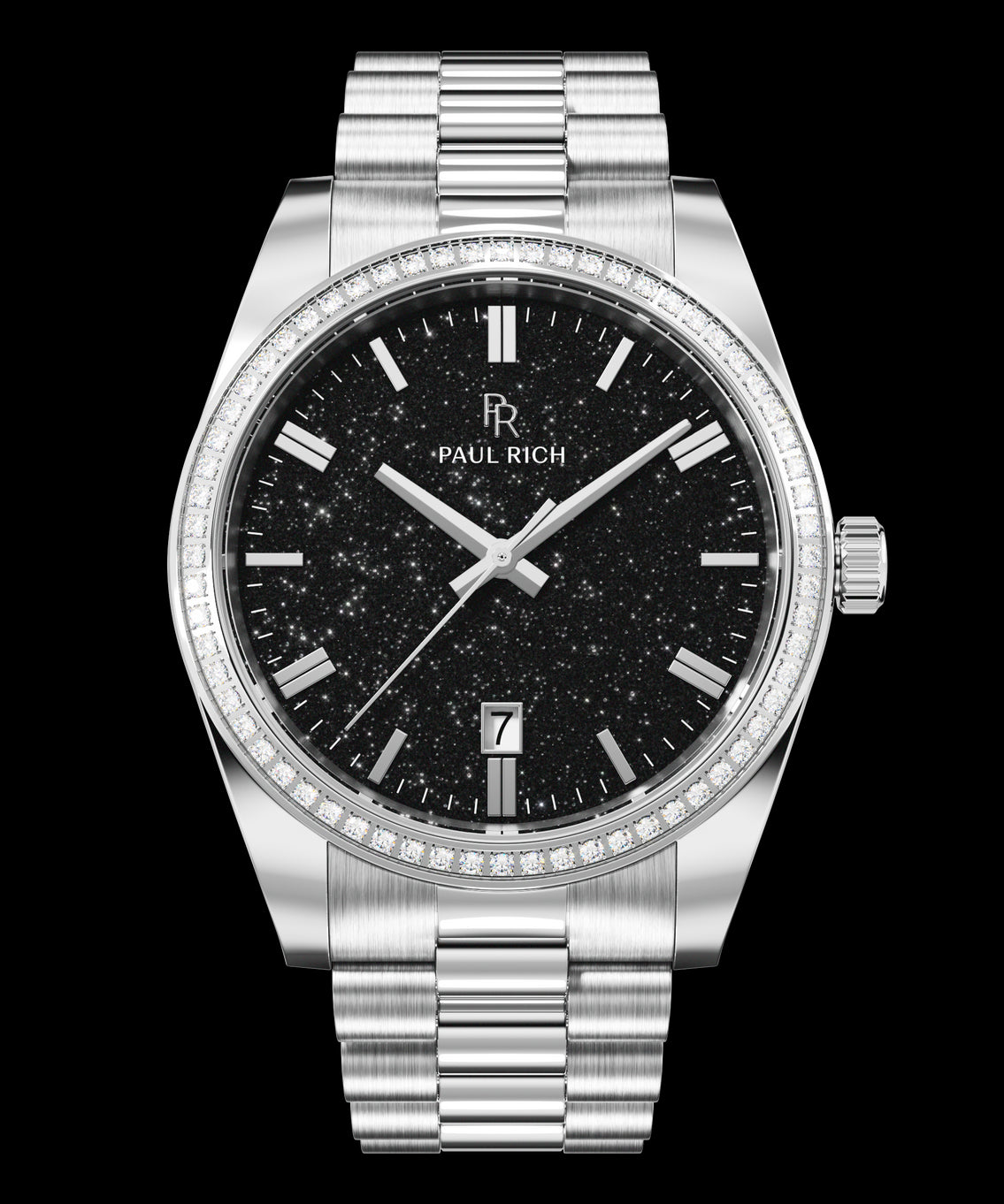 Silver wristwatch with a black aventurine dial, crystal-set bezel, silver hour markers, and metal bracelet shown on a transparent background. Silver wristwatch with a black aventurine dial, crystal-set bezel, silver hour markers, and metal bracelet shown on a transparent background.